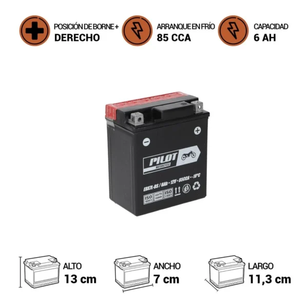 bateria pilot  ebx7l-bs 6ah-85cca 120859 derco - Imagen 2