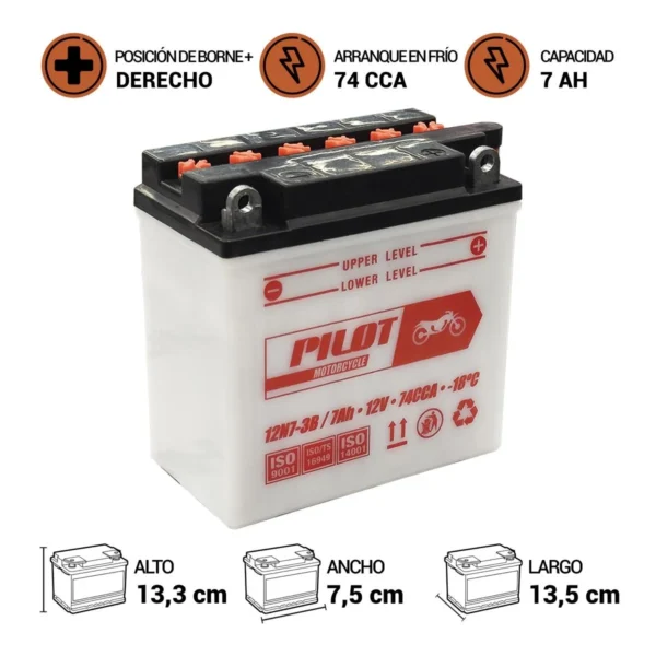 bateria pilot 12n7-3b 7ah-74cca 141269 derco - Imagen 2