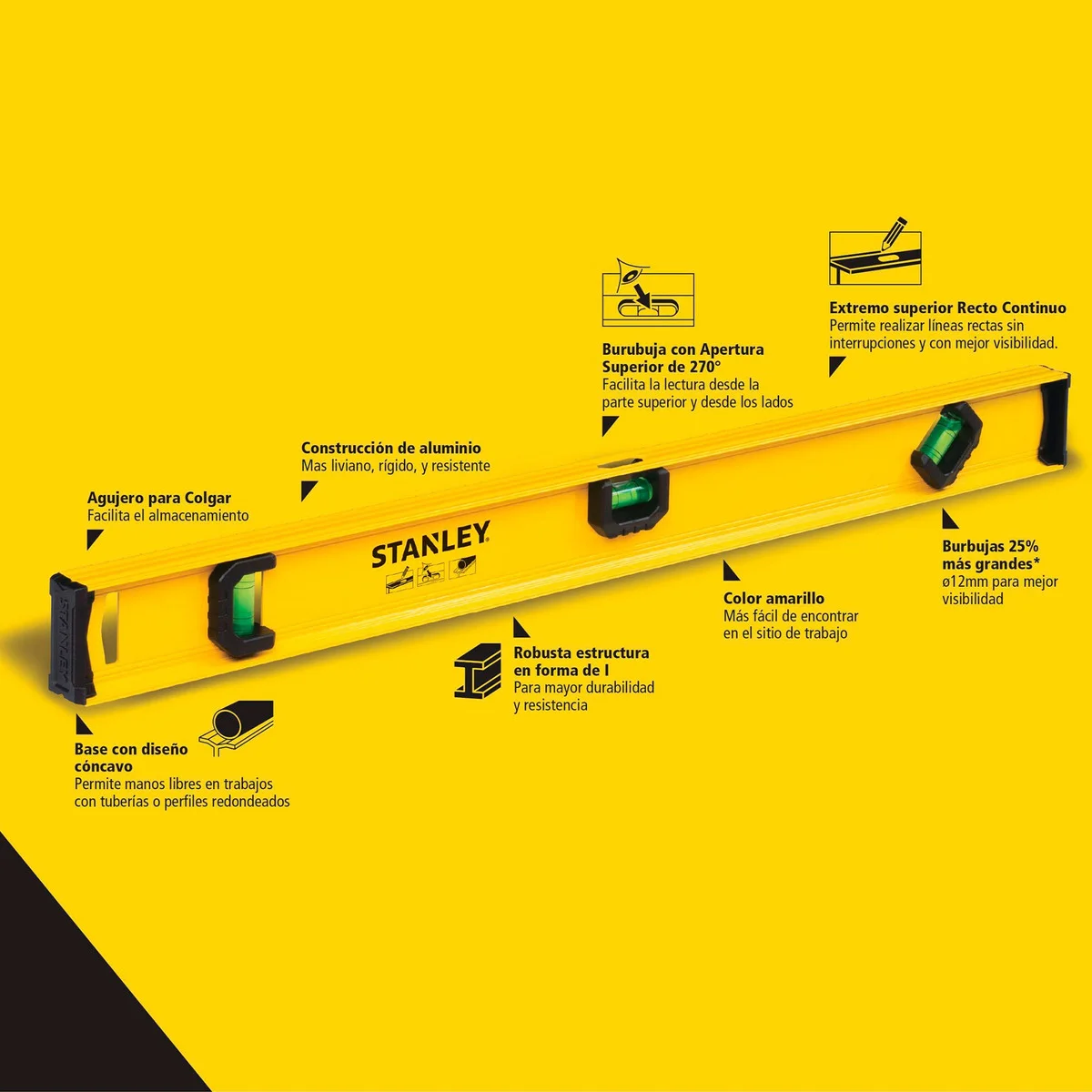 nivel aluminio 3 burbujas 18" stanley (42-73) - Imagen 3